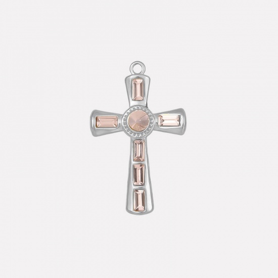 Picture of 1 Piece 304 Stainless Steel Religious Pendants Silver Tone Cross Pink Rhinestone 37mm x 23mm