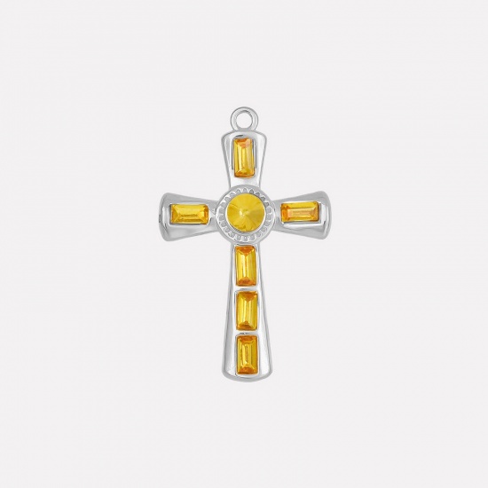 Picture of 1 Piece 304 Stainless Steel Religious Pendants Silver Tone Cross Blue Rhinestone 37mm x 23mm