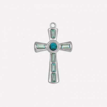 Picture of 1 Piece 304 Stainless Steel Religious Pendants Silver Tone Cross Skyblue Rhinestone 37mm x 23mm