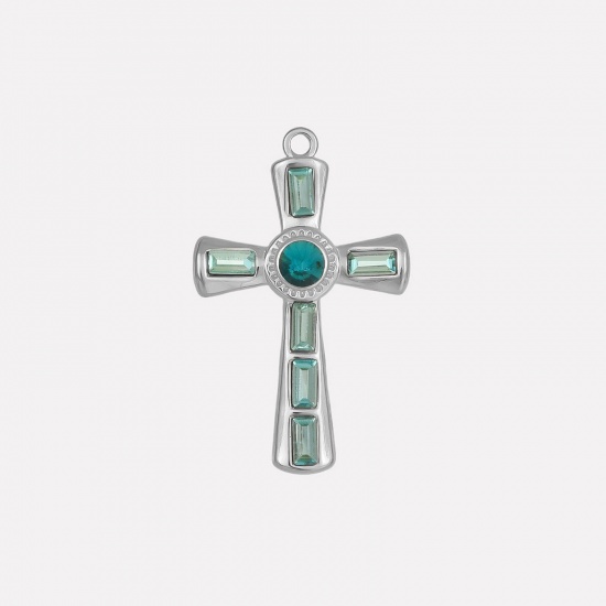 Picture of 1 Piece 304 Stainless Steel Religious Pendants Silver Tone Cross Skyblue Rhinestone 37mm x 23mm