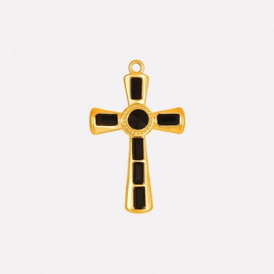 Picture of 1 Piece Eco-friendly PVD Vacuum Plating 304 Stainless Steel Religious Pendants 18K Gold Plated Cross Black Rhinestone 37mm x 23mm