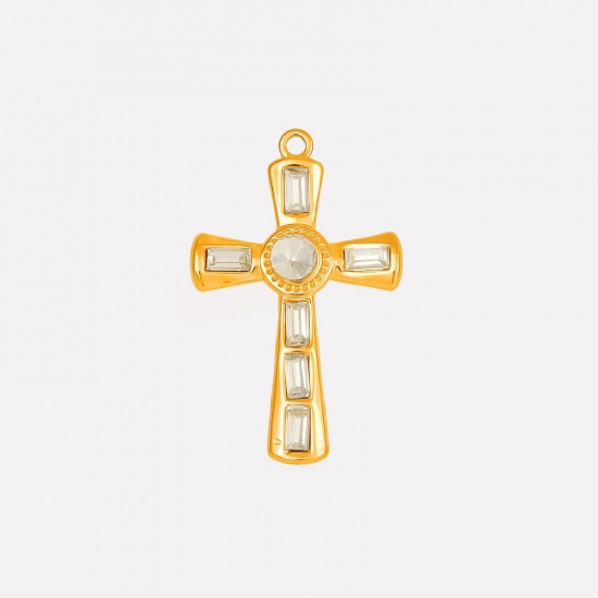 Picture of 1 Piece Eco-friendly PVD Vacuum Plating 304 Stainless Steel Religious Pendants 18K Gold Plated Cross Clear Rhinestone 37mm x 23mm