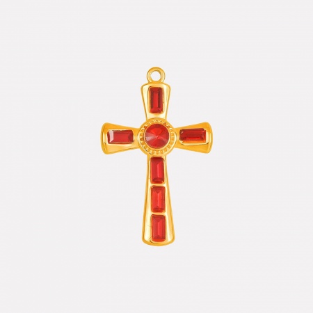 Picture of 1 Piece Eco-friendly PVD Vacuum Plating 304 Stainless Steel Religious Pendants 18K Gold Plated Cross Red Rhinestone 37mm x 23mm