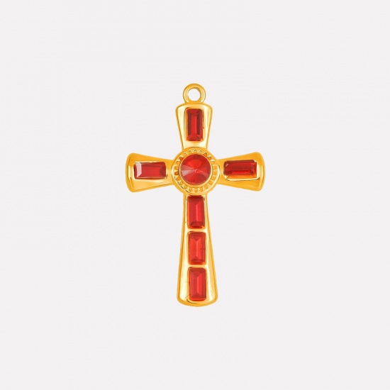 Picture of 1 Piece Eco-friendly PVD Vacuum Plating 304 Stainless Steel Religious Pendants 18K Gold Plated Cross Red Rhinestone 37mm x 23mm