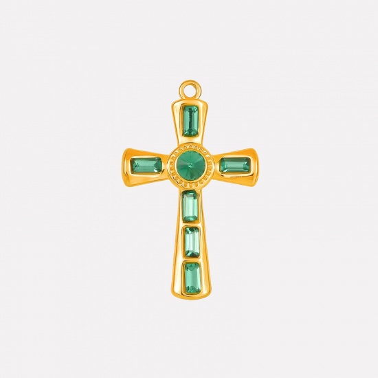 Picture of 1 Piece Eco-friendly PVD Vacuum Plating 304 Stainless Steel Religious Pendants 18K Gold Plated Cross Green Rhinestone 37mm x 23mm