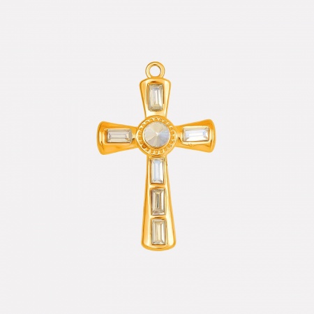 Picture of 1 Piece Eco-friendly PVD Vacuum Plating 304 Stainless Steel Religious Pendants 18K Gold Plated Cross AB Color Rhinestone 37mm x 23mm