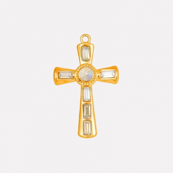 Picture of 1 Piece Eco-friendly PVD Vacuum Plating 304 Stainless Steel Religious Pendants 18K Gold Plated Cross AB Color Rhinestone 37mm x 23mm
