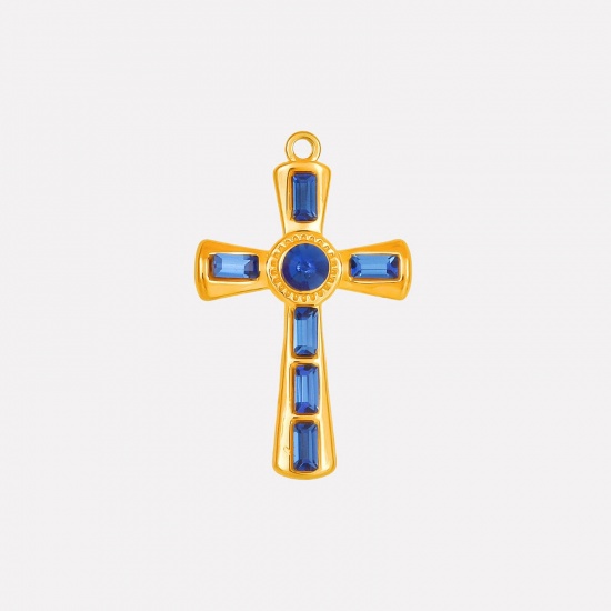 Picture of 1 Piece Eco-friendly PVD Vacuum Plating 304 Stainless Steel Religious Pendants 18K Gold Plated Cross Dark Blue Rhinestone 37mm x 23mm