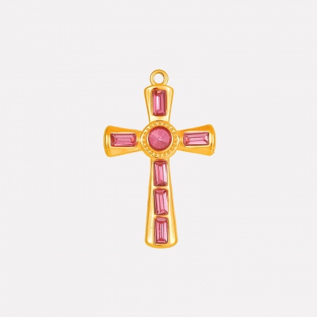 Picture of 1 Piece Eco-friendly PVD Vacuum Plating 304 Stainless Steel Religious Pendants 18K Gold Plated Cross Fuchsia Rhinestone 37mm x 23mm