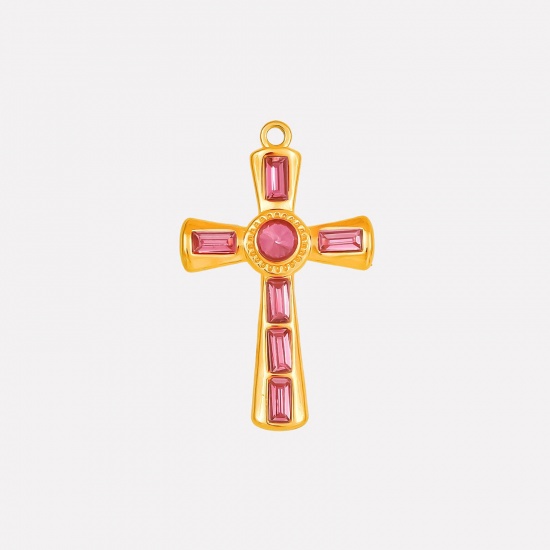 Picture of 1 Piece Eco-friendly PVD Vacuum Plating 304 Stainless Steel Religious Pendants 18K Gold Plated Cross Fuchsia Rhinestone 37mm x 23mm