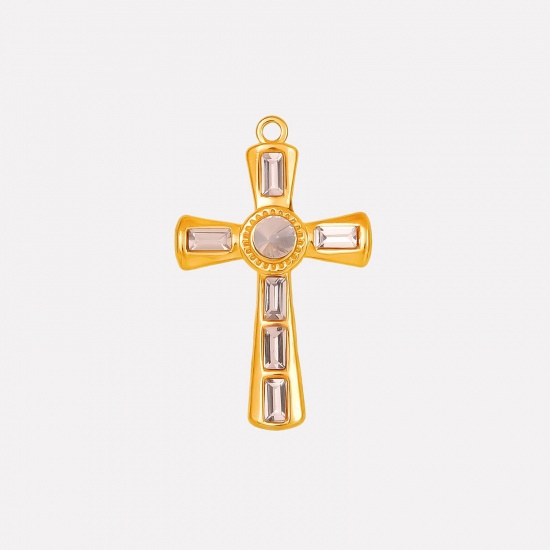 Picture of 1 Piece Eco-friendly PVD Vacuum Plating 304 Stainless Steel Religious Pendants 18K Gold Plated Cross Pink Rhinestone 37mm x 23mm