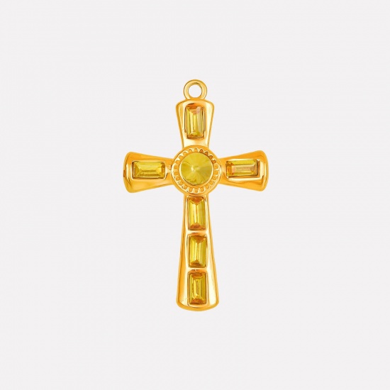 Picture of 1 Piece Eco-friendly PVD Vacuum Plating 304 Stainless Steel Religious Pendants 18K Gold Plated Cross Yellow Rhinestone 37mm x 23mm