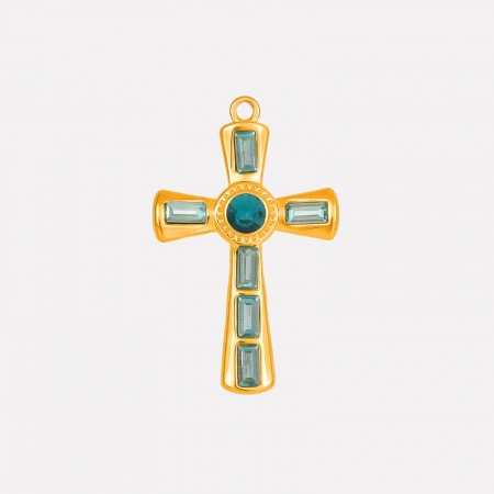 Picture of 1 Piece Eco-friendly PVD Vacuum Plating 304 Stainless Steel Religious Pendants 18K Gold Plated Cross Skyblue Rhinestone 37mm x 23mm