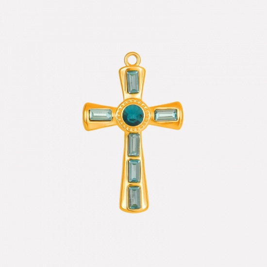 Picture of 1 Piece Eco-friendly PVD Vacuum Plating 304 Stainless Steel Religious Pendants 18K Gold Plated Cross Skyblue Rhinestone 37mm x 23mm