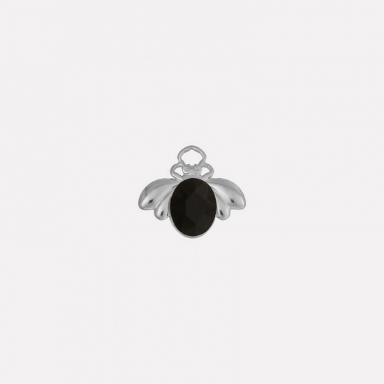 Picture of 2 PCs 304 Stainless Steel Insect Charms Silver Tone Bee Animal Black Rhinestone 11mm x 18mm