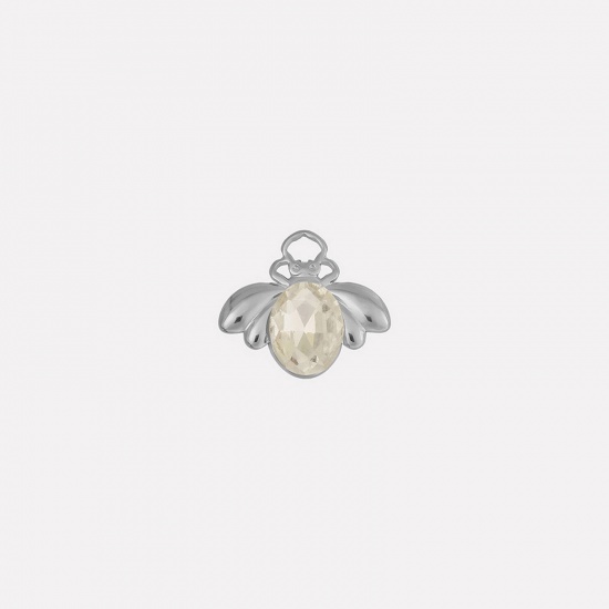Picture of 2 PCs 304 Stainless Steel Insect Charms Silver Tone Bee Animal Clear Rhinestone 11mm x 18mm