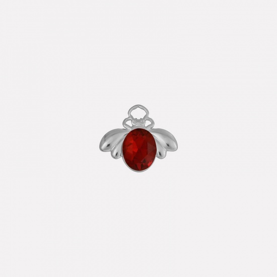 Picture of 2 PCs 304 Stainless Steel Insect Charms Silver Tone Bee Animal Red Rhinestone 11mm x 18mm