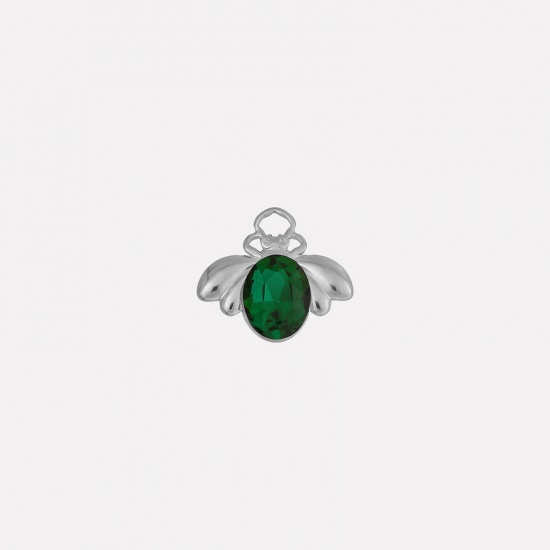 Picture of 2 PCs 304 Stainless Steel Insect Charms Silver Tone Bee Animal Green Rhinestone 11mm x 18mm
