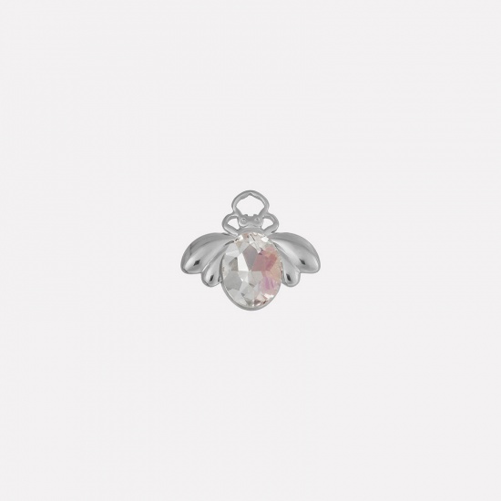 Picture of 2 PCs 304 Stainless Steel Insect Charms Silver Tone Bee Animal AB Color Rhinestone 11mm x 18mm