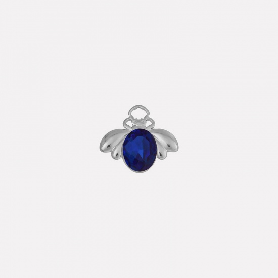 Picture of 2 PCs 304 Stainless Steel Insect Charms Silver Tone Bee Animal Dark Blue Rhinestone 11mm x 18mm