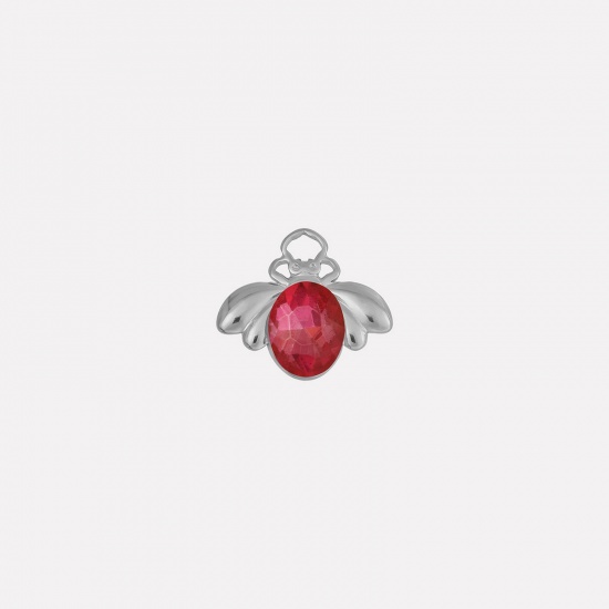 Picture of 2 PCs 304 Stainless Steel Insect Charms Silver Tone Bee Animal Fuchsia Rhinestone 11mm x 18mm