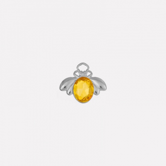 Picture of 2 PCs 304 Stainless Steel Insect Charms Silver Tone Bee Animal Yellow Rhinestone 11mm x 18mm