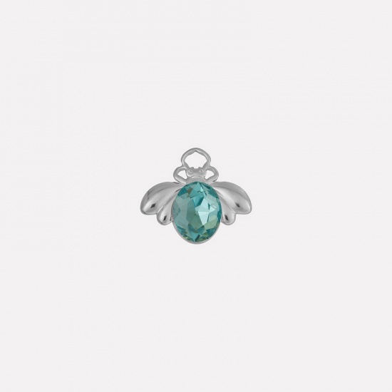 Picture of 2 PCs 304 Stainless Steel Insect Charms Silver Tone Bee Animal Skyblue Rhinestone 11mm x 18mm