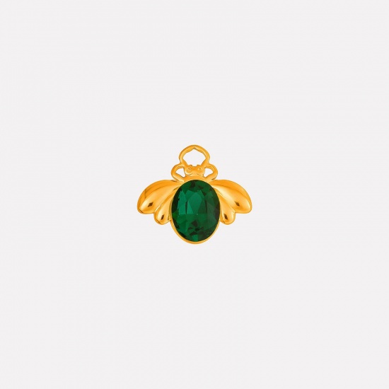 Picture of 2 PCs Eco-friendly PVD Vacuum Plating 304 Stainless Steel Insect Charms 18K Gold Plated Bee Animal Green Rhinestone 11mm x 18mm