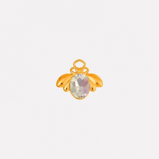 Picture of 2 PCs Eco-friendly PVD Vacuum Plating 304 Stainless Steel Insect Charms 18K Gold Plated Bee Animal AB Color Rhinestone 11mm x 18mm