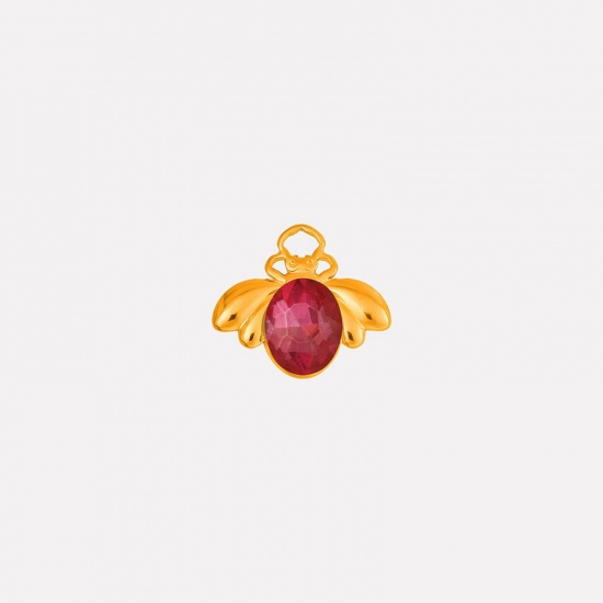 Picture of 2 PCs Eco-friendly PVD Vacuum Plating 304 Stainless Steel Insect Charms 18K Gold Plated Bee Animal Fuchsia Rhinestone 11mm x 18mm