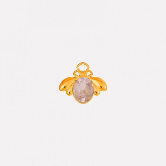 Picture of 2 PCs Eco-friendly PVD Vacuum Plating 304 Stainless Steel Insect Charms 18K Gold Plated Bee Animal Pink Rhinestone 11mm x 18mm