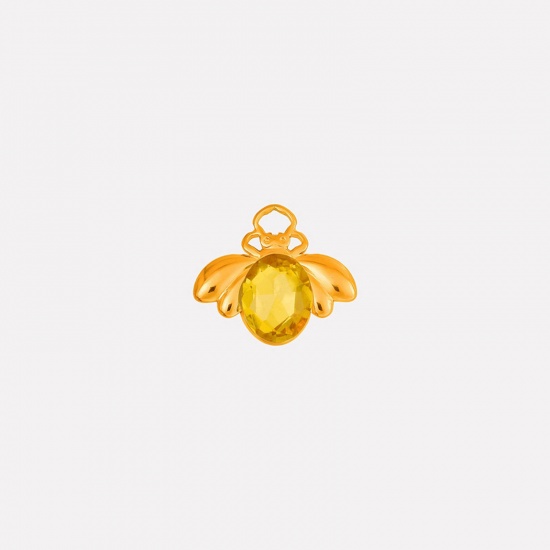 Picture of 2 PCs Eco-friendly PVD Vacuum Plating 304 Stainless Steel Insect Charms 18K Gold Plated Bee Animal Yellow Rhinestone 11mm x 18mm