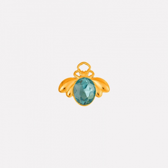 Picture of 2 PCs Eco-friendly PVD Vacuum Plating 304 Stainless Steel Insect Charms 18K Gold Plated Bee Animal Skyblue Rhinestone 11mm x 18mm