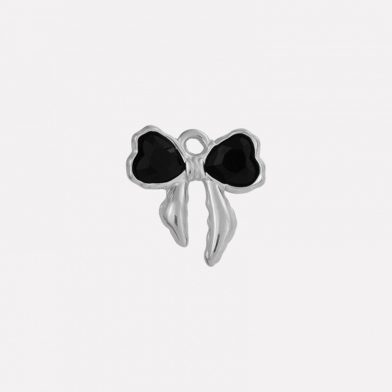 Picture of 2 PCs 304 Stainless Steel & Rhinestone Clothes Charms Silver Tone Bowknot Black Rhinestone 18mm x 18mm