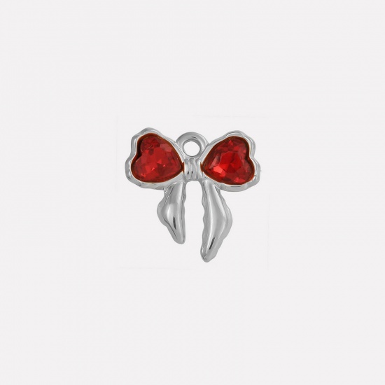 Picture of 2 PCs 304 Stainless Steel & Rhinestone Clothes Charms Silver Tone Bowknot Red Rhinestone 18mm x 18mm