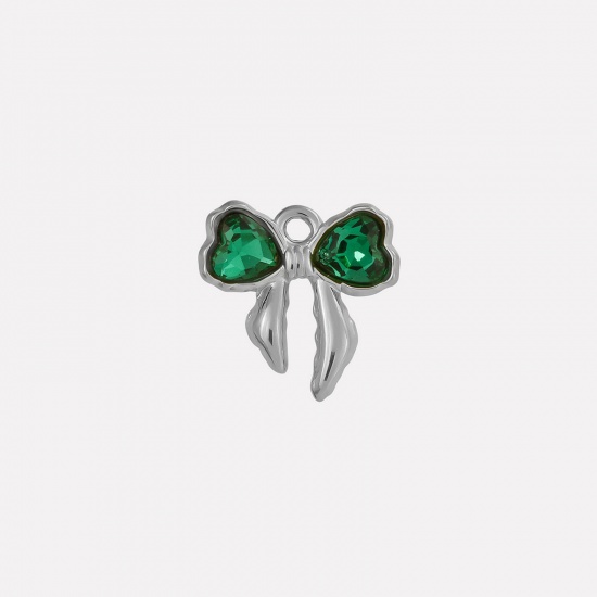 Picture of 2 PCs 304 Stainless Steel & Rhinestone Clothes Charms Silver Tone Bowknot Green Rhinestone 18mm x 18mm