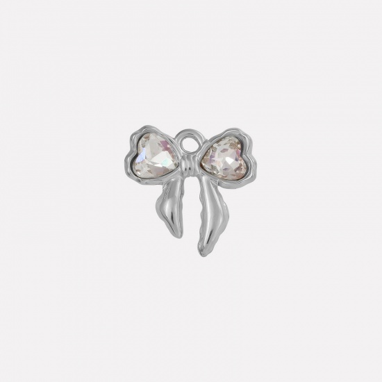 Picture of 2 PCs 304 Stainless Steel & Rhinestone Clothes Charms Silver Tone Bowknot AB Color Rhinestone 18mm x 18mm