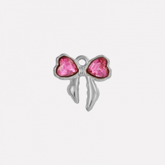 Picture of 2 PCs 304 Stainless Steel & Rhinestone Clothes Charms Silver Tone Bowknot Fuchsia Rhinestone 18mm x 18mm