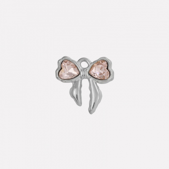 Picture of 2 PCs 304 Stainless Steel & Rhinestone Clothes Charms Silver Tone Bowknot Pink Rhinestone 18mm x 18mm