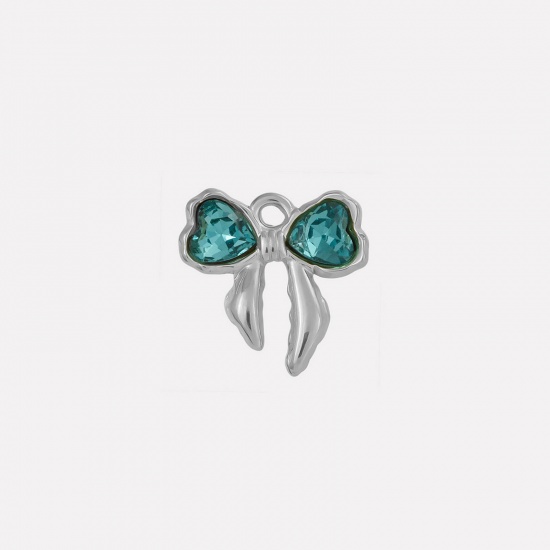 Picture of 2 PCs 304 Stainless Steel & Rhinestone Clothes Charms Silver Tone Bowknot Skyblue Rhinestone 18mm x 18mm