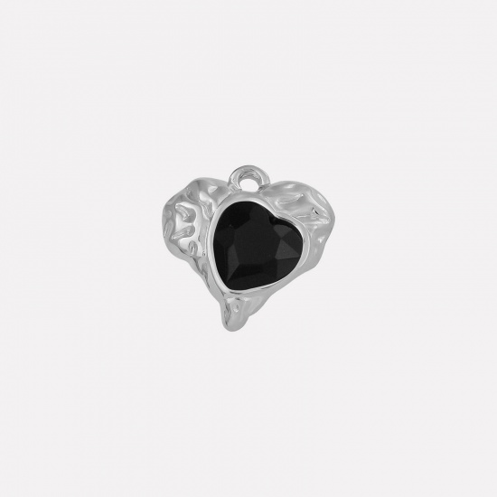 Imagen de 2 PCs 304 Stainless Steel & Rhinestone Valentine's Day Charms Silver Tone Heart Texture Black Rhinestone 16mm x 16mm