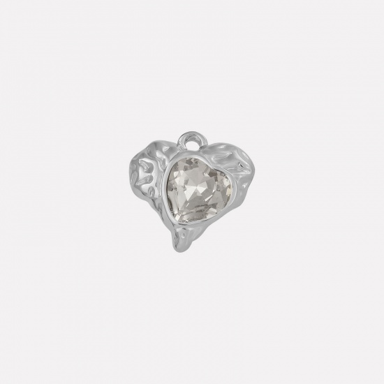 Imagen de 2 PCs 304 Stainless Steel & Rhinestone Valentine's Day Charms Silver Tone Heart Texture Clear Rhinestone 16mm x 16mm