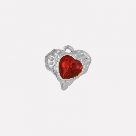 Imagen de 2 PCs 304 Stainless Steel & Rhinestone Valentine's Day Charms Silver Tone Heart Texture Red Rhinestone 16mm x 16mm