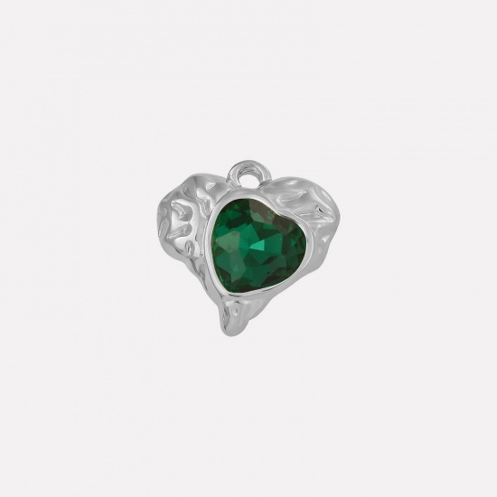 Imagen de 2 PCs 304 Stainless Steel & Rhinestone Valentine's Day Charms Silver Tone Heart Texture Green Rhinestone 16mm x 16mm