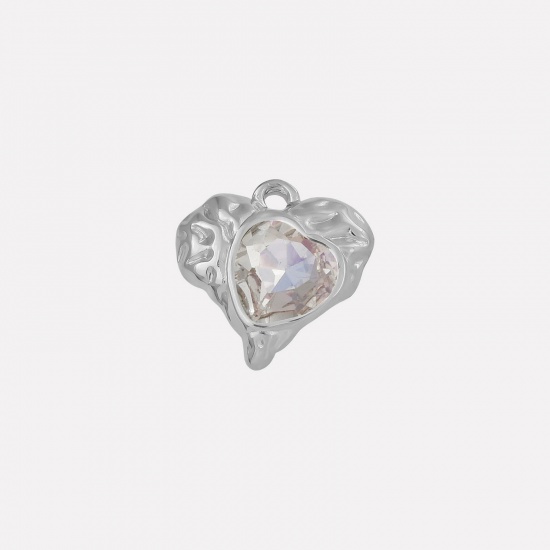 Imagen de 2 PCs 304 Stainless Steel & Rhinestone Valentine's Day Charms Silver Tone Heart Texture 16mm x 16mm