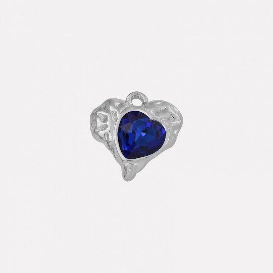 Imagen de 2 PCs 304 Stainless Steel & Rhinestone Valentine's Day Charms Silver Tone Heart Texture Dark Blue Rhinestone 16mm x 16mm