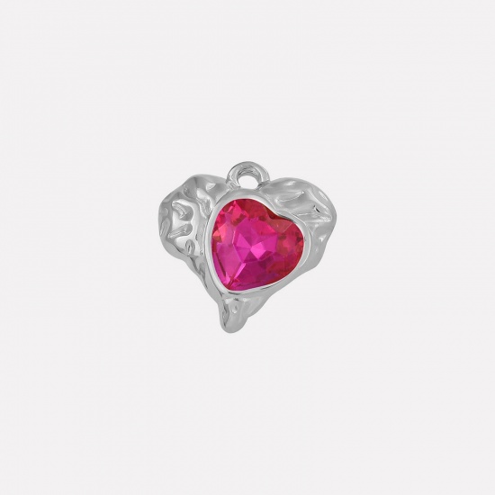 Imagen de 2 PCs 304 Stainless Steel & Rhinestone Valentine's Day Charms Silver Tone Heart Texture Fuchsia Rhinestone 16mm x 16mm