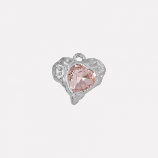 Imagen de 2 PCs 304 Stainless Steel & Rhinestone Valentine's Day Charms Silver Tone Heart Texture Pink Rhinestone 16mm x 16mm