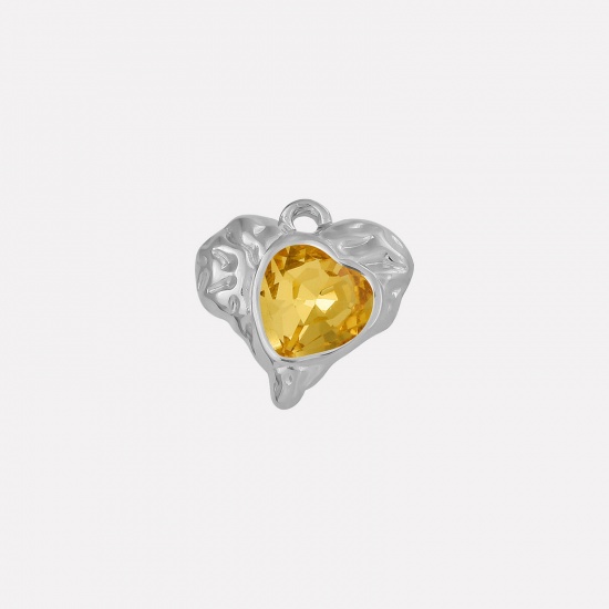 Imagen de 2 PCs 304 Stainless Steel & Rhinestone Valentine's Day Charms Silver Tone Heart Texture Yellow Rhinestone 16mm x 16mm