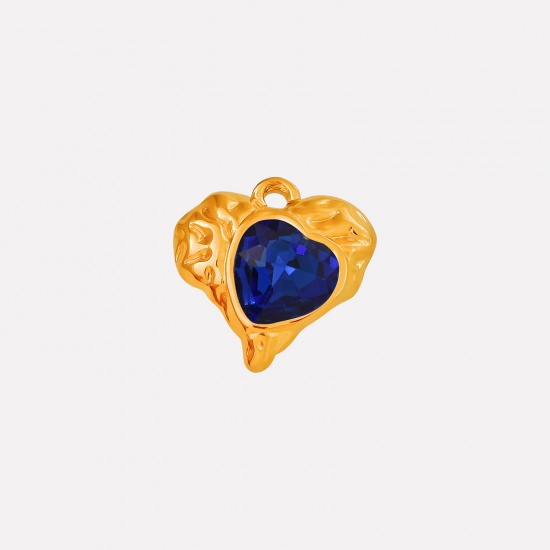 Imagen de 2 PCs Eco-friendly PVD Vacuum Plating 304 Stainless Steel & Rhinestone Valentine's Day Charms 18K Gold Plated Heart Texture Dark Blue Rhinestone 16mm x 16mm